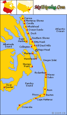 hatteras island map,buxton,north carolina,frisco,avon,ocracoke,rodanthe,kitty hawk,kill devil hills,USA