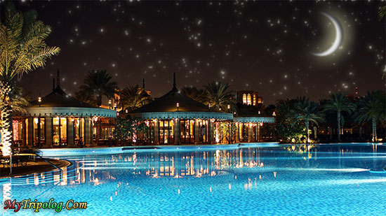 jumeirah al qasr pool dubai,dubai at night,stars,crescent,moon,photshop design