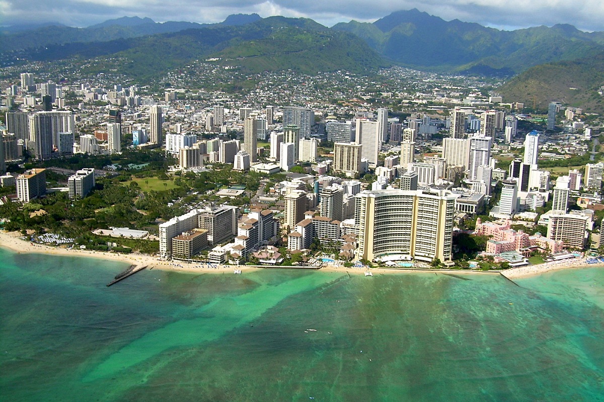 Honolulu beach and skyline aerial view