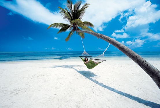 hammocks on white sandy beach of maldives woman in bikini on hammocks