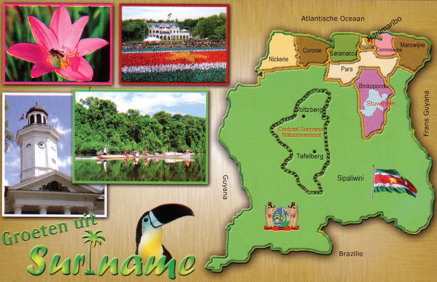 Suriname map and flag and attraction points