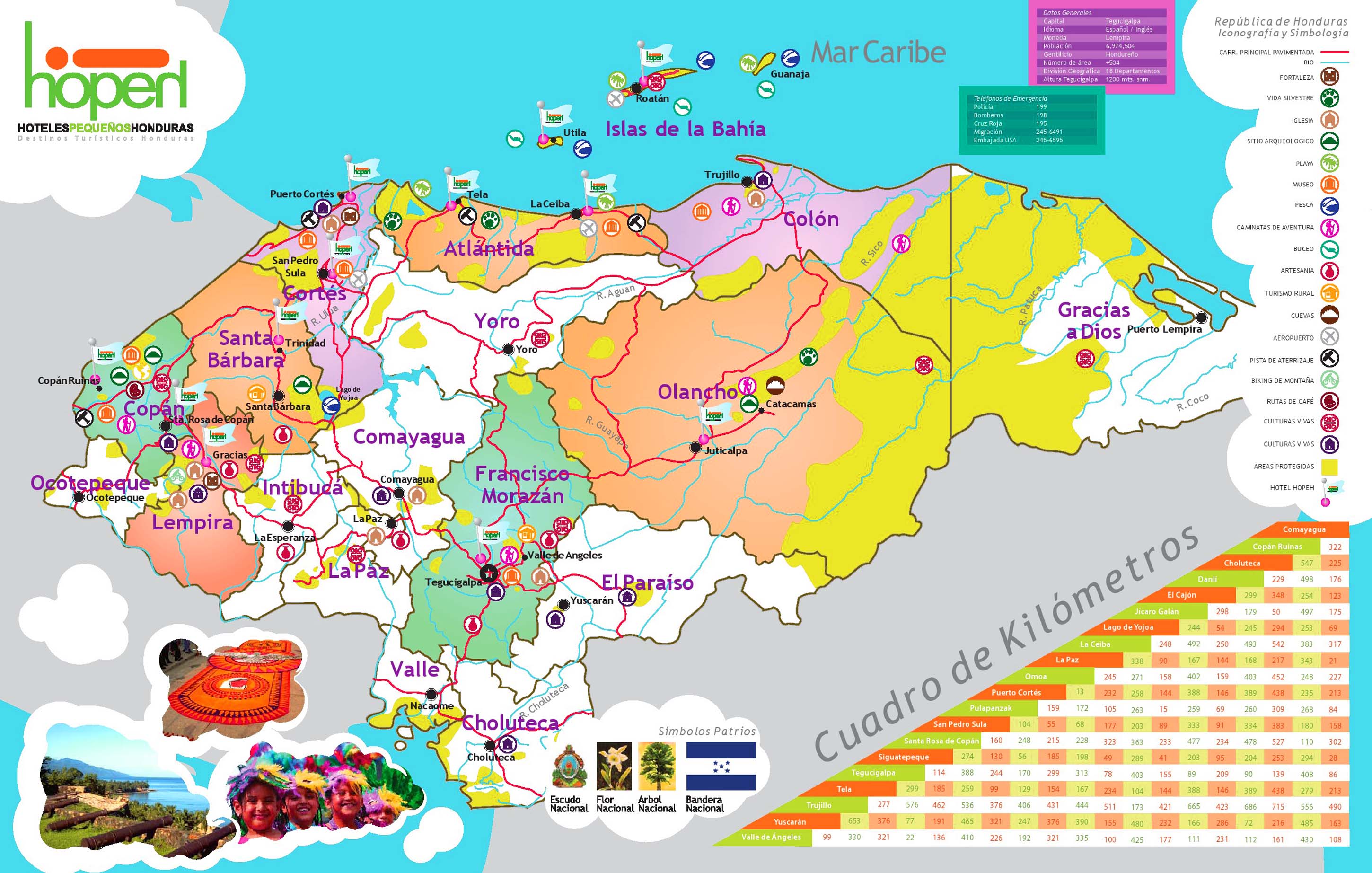 Honduras map showing touristic locations and hotels