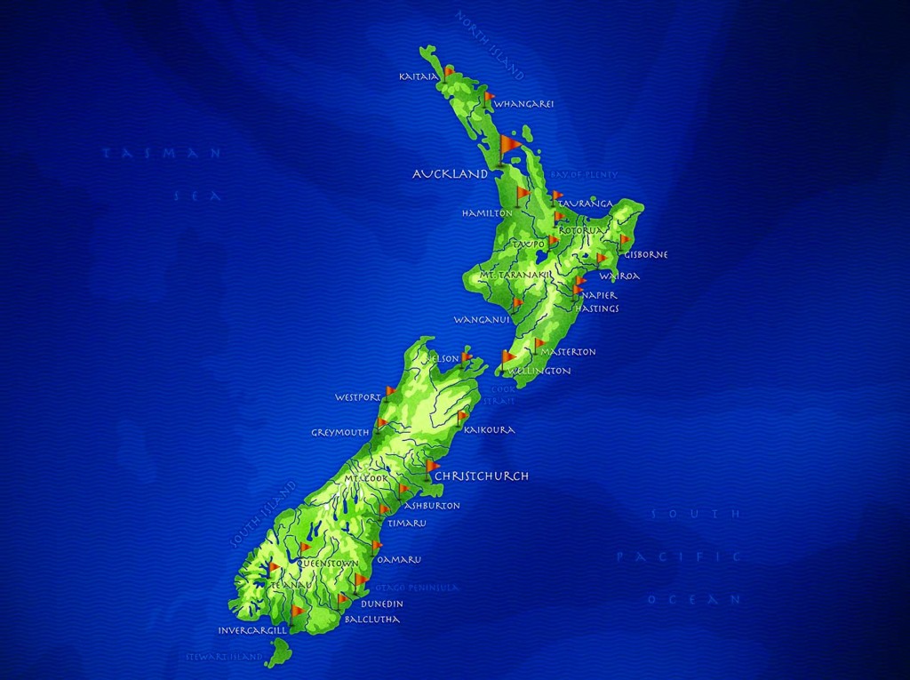 Detailed, Large Size New Zealand Map and Flag Travel Around The World Vacation Reviews