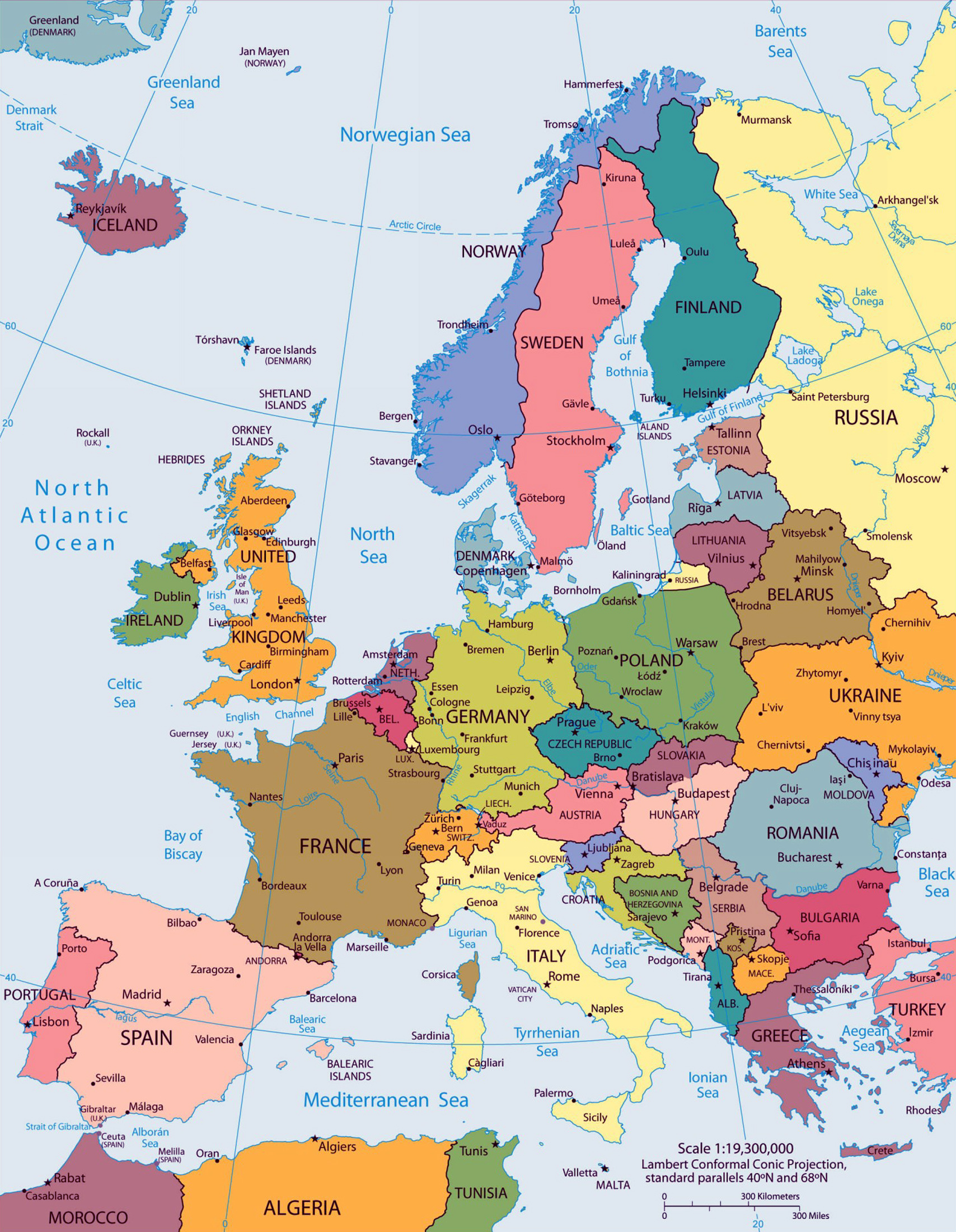 Large Big Europe Flag Political Map Showing Capital Cities Travel