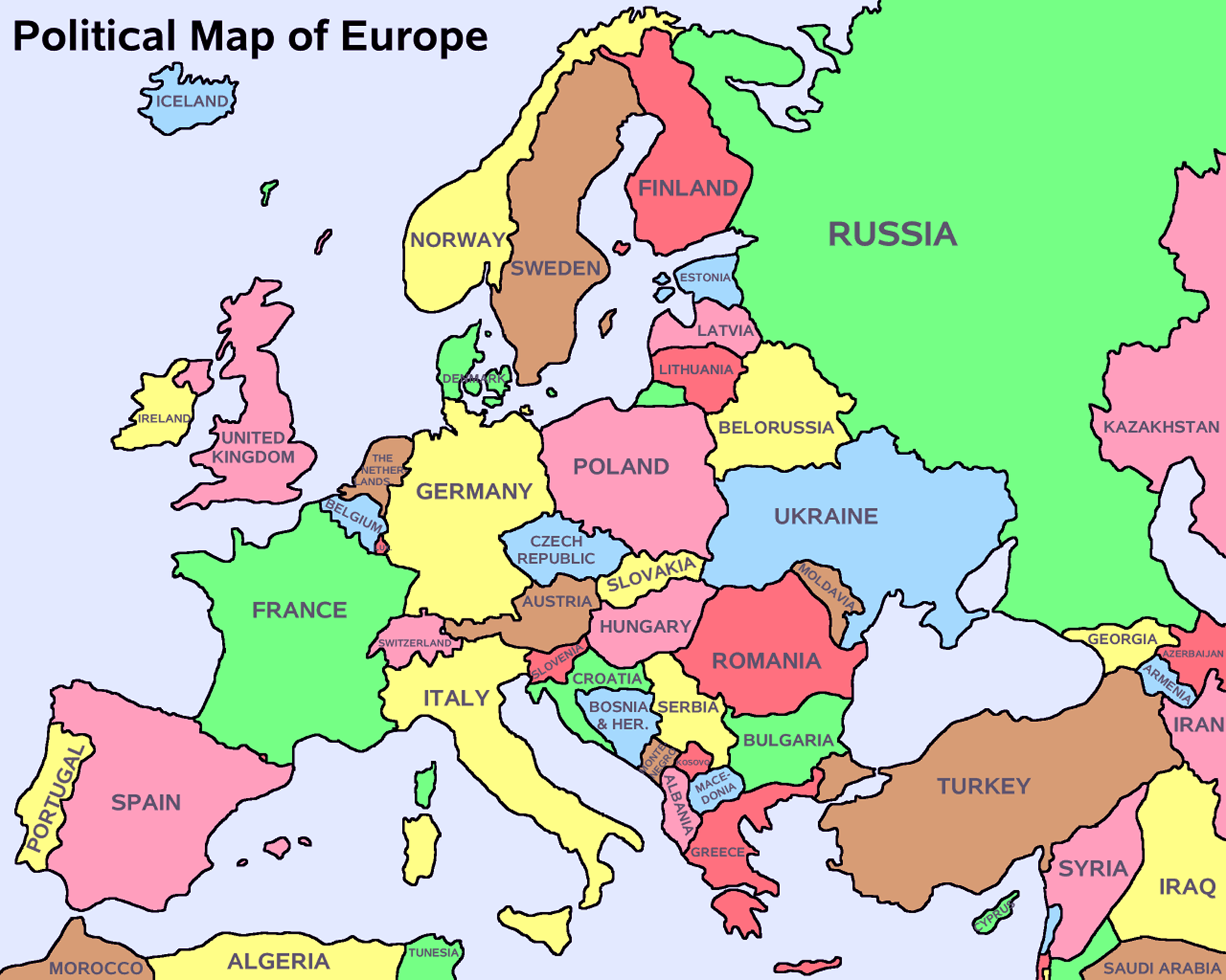 europe political map of countries colorful