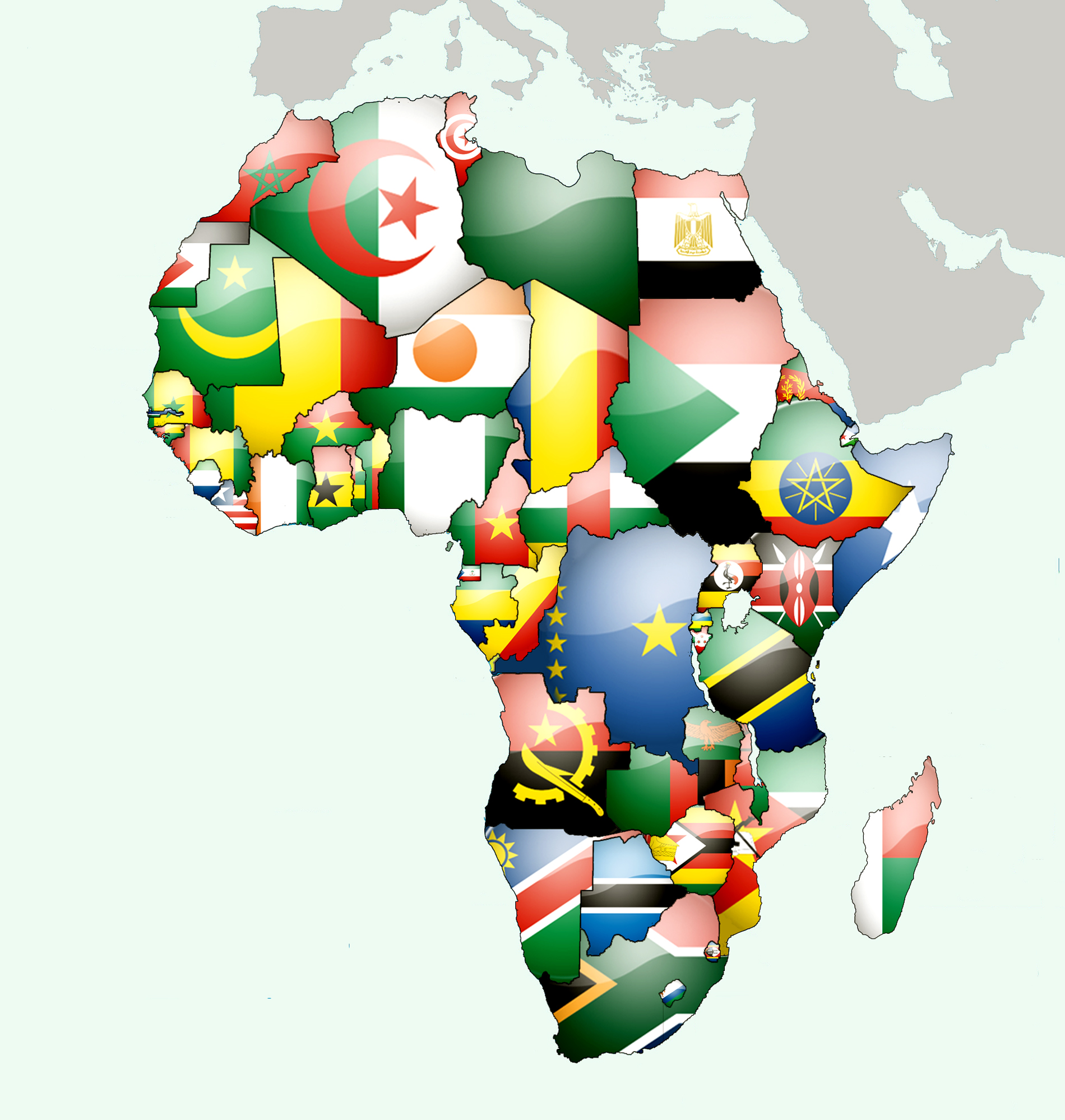 African countries flags over map
