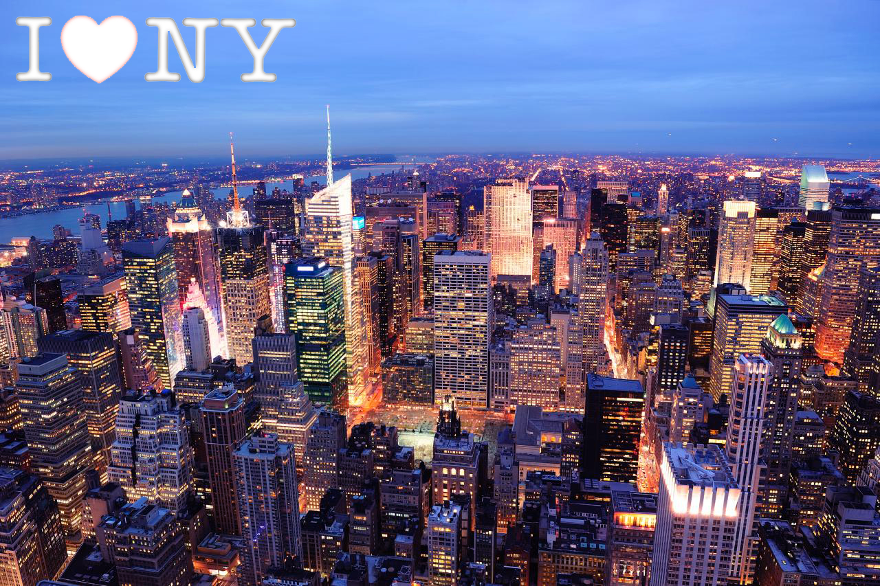 new york city skyline at night colorful