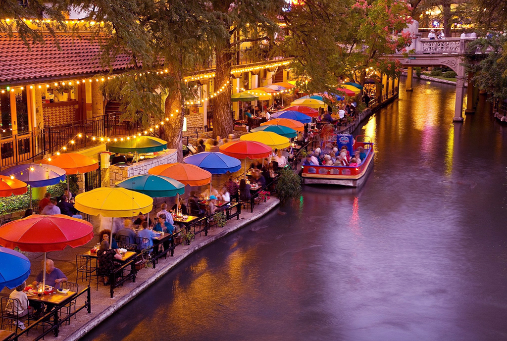 san antonio river walk stroll at dusk